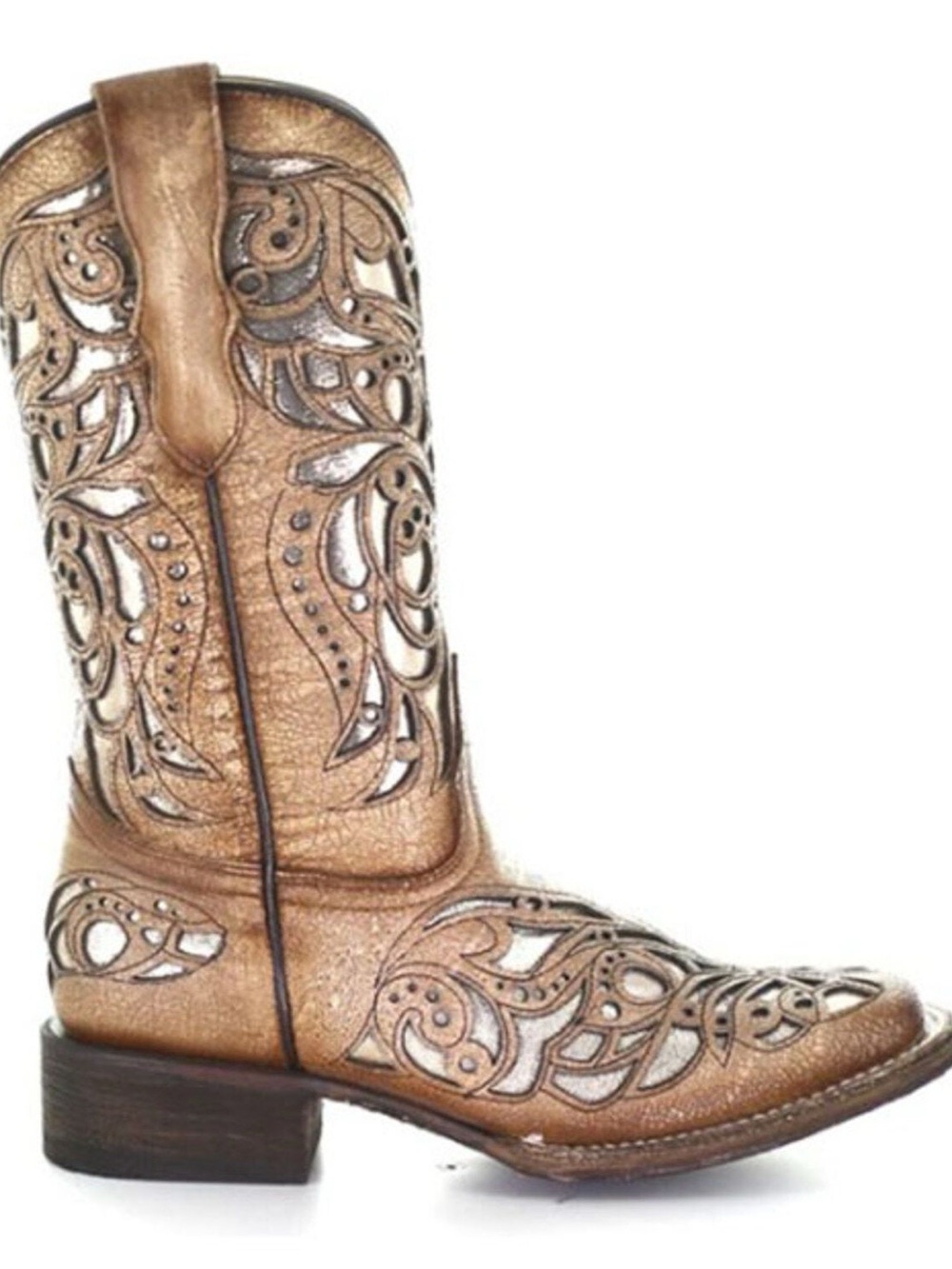 Coral Handcrafted Tan Leather Western Boots with Intricate Overlay Youth/Kids 3T - Picture 6 of 11